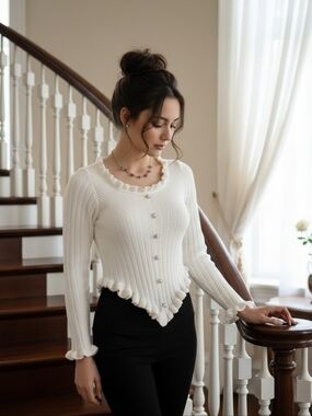 SHEIN Ruffle Trim Gold & Pearl Buttons White Asymmetrical Sweater – Size XS